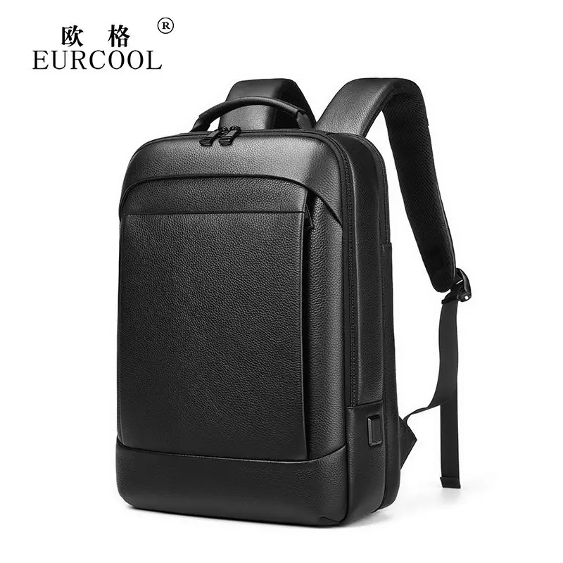 

New EURCOOL Top Layer Cowhide Genuine Leather Men's Backpack Business Casual Waterproof Pack Male for 15.6 Inch Laptop with USB