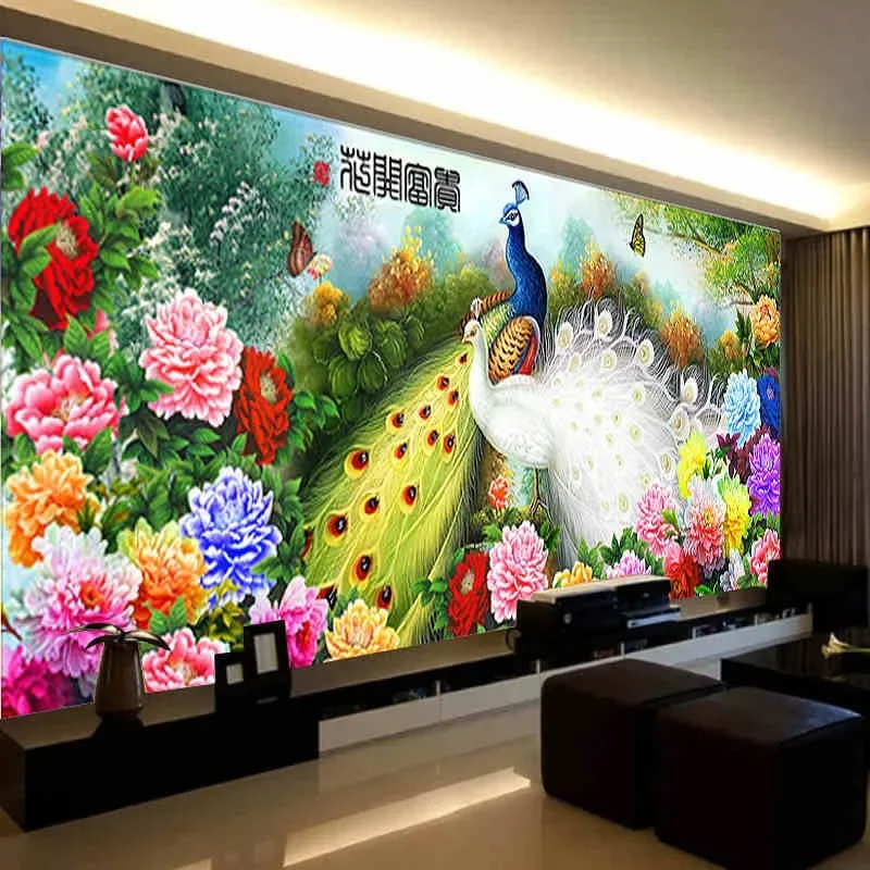 QIANZEHUI,Needlework,DIY Peacock Peony Cross stitch,Sets For Embroidery kits Blossoming Cross-Stitch,Wall Home Decro