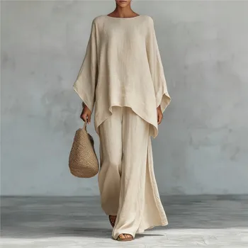 Fashion Linen Loose Long-sleeved Wide-leg Trousers 2-piece Set Women Spring New Casual Retro Elegant Female Simple Trousers Suit 1