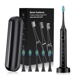 Rechargeable Ultrasonic Electric Toothbrush with Waterproof Design and Multiple Brush Heads (Black with 6 heads)