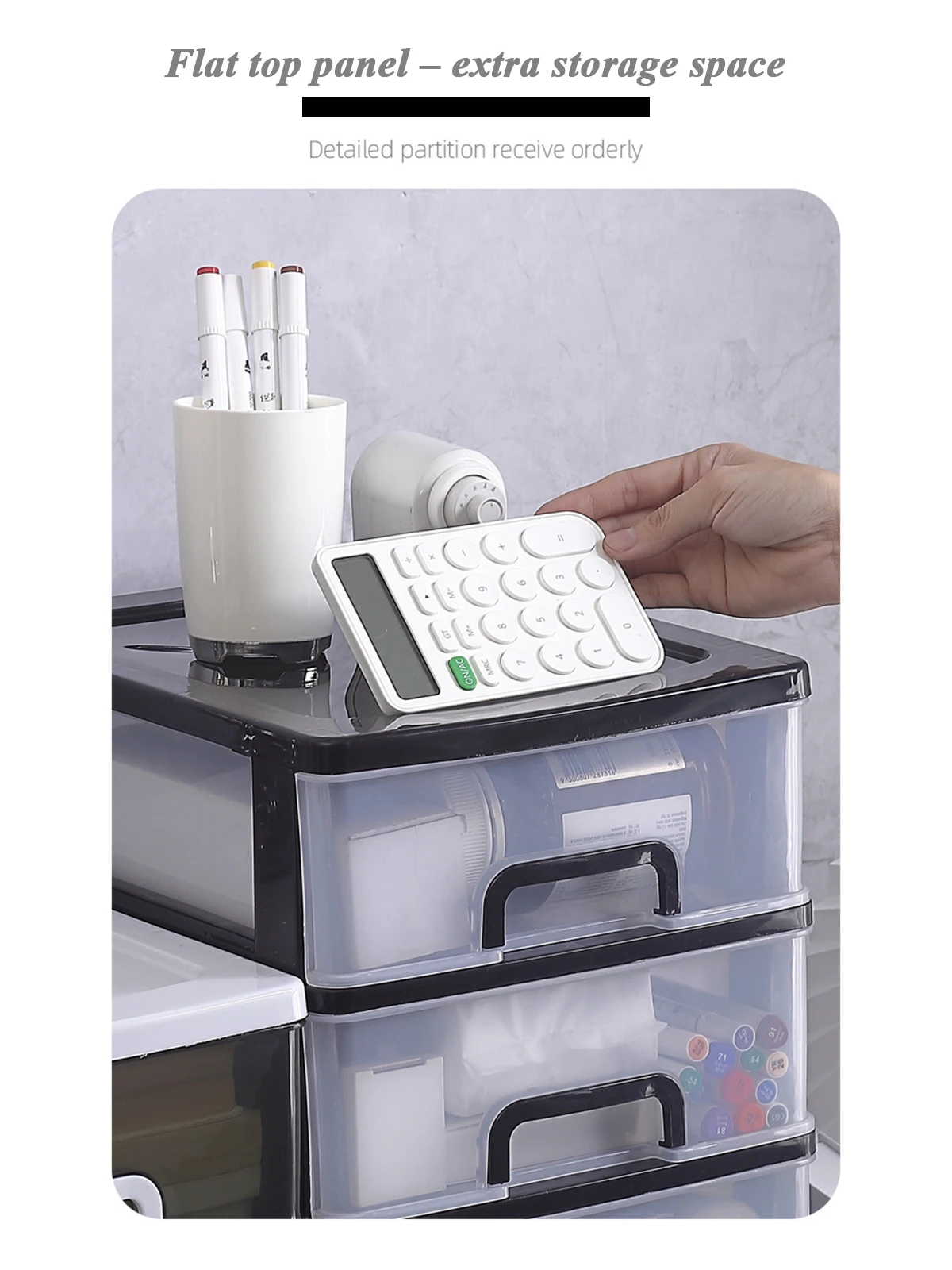 Clear Desktop Storage Box with Drawer - Application Example (Stationery)