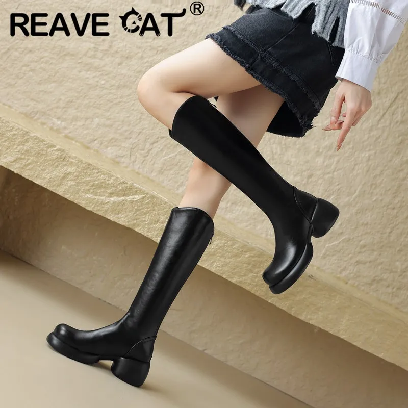 

REAVE CAT New Women Knee High Boots Round Toe Platform Chunky Heels 6.5cm Zipper Big Size 42 43 Retro Daily Lady Riding Booties