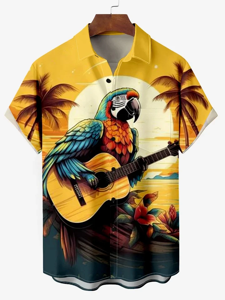 Attractive Parrot Men's Guitar Hawaiian shirts 3D Print Men's Summer Loose Beach Oversize Short-sleeved Top Men's Shirts For boy 4