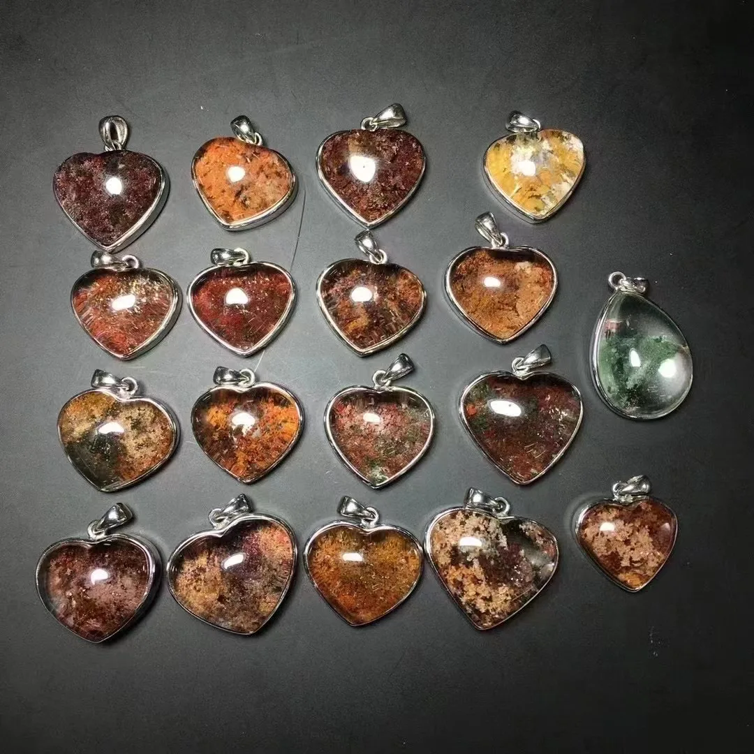 

Unit One Piece 925 Silver Buckle With High Quality Natural Rainbow Phantom Quartz Crystal Heart Pendant Fashion Jewelry For Gift