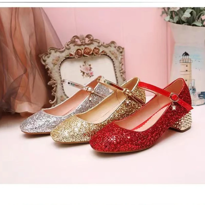 

Children's Little Leather Shoes Spring and Autumn Hosts Show High Heel Shoes Girl Piano Model Princess Walking Shoes