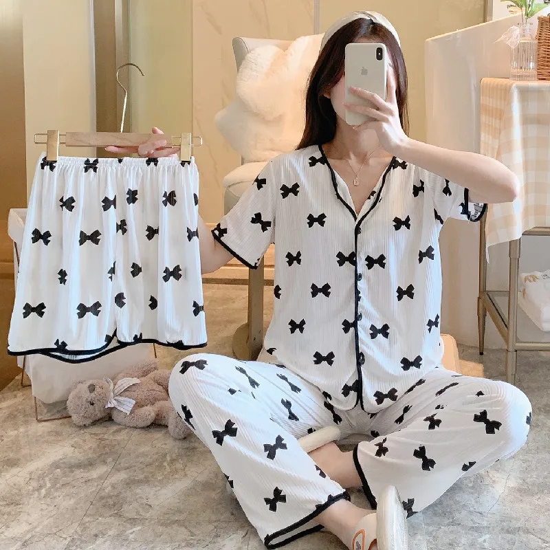 Women's New Three-Piece Pajamas Summer Short-Sleeved Pyjamas Korean Version of the Sweet and Lovely Cardigan Ladies Homewear