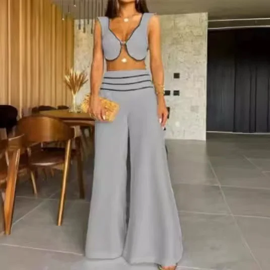 2024 New Two-piece Women's Summer Fashion Commuter Striped Casual Sleeveless Cutout Crop Top High Waist Wide Leg Trouser Set