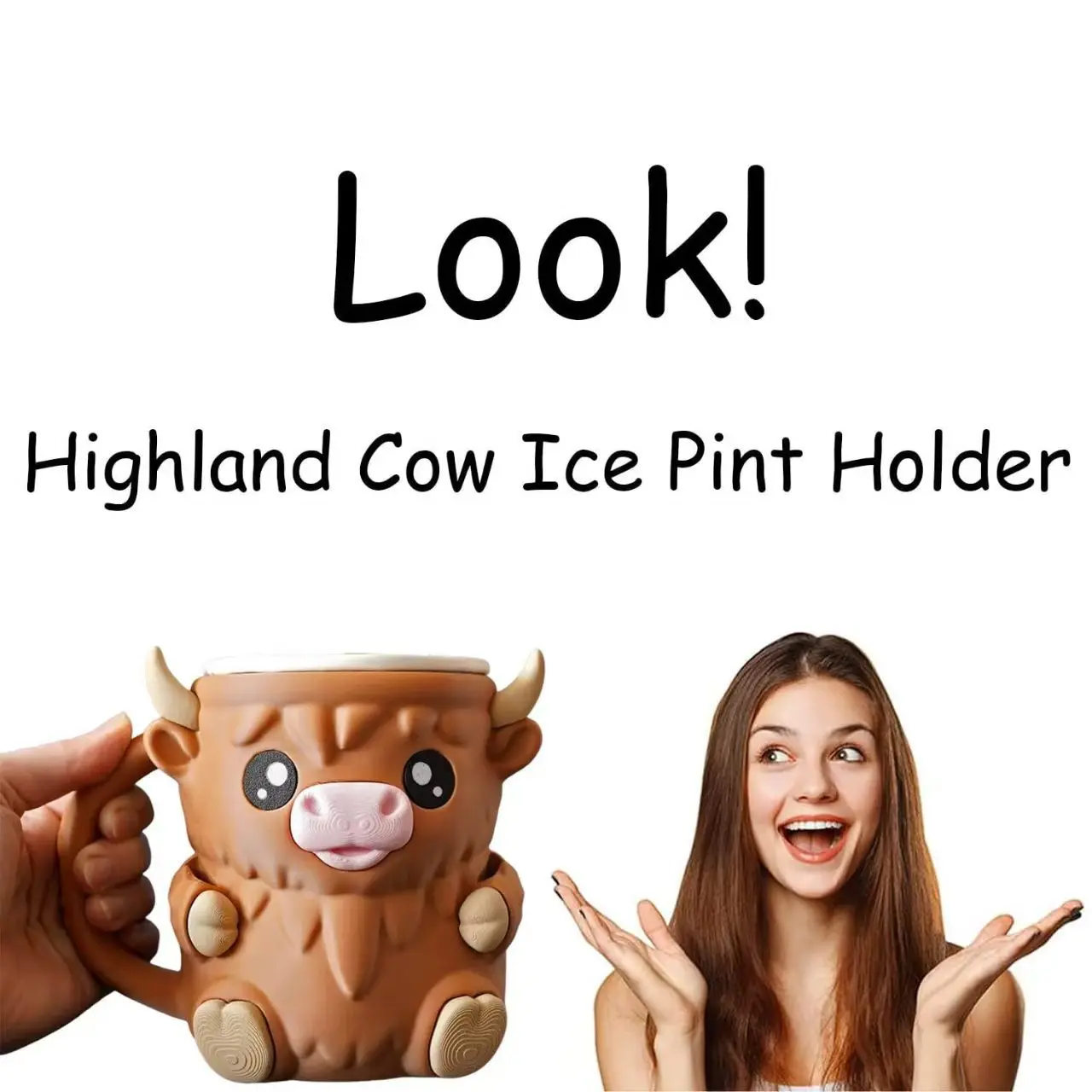 Reusable Highland Cow Ice Pint Holder Snack Drawer Handle 3D Printed Ice Cream Pint Containers Beer Can Sleeves Ideal Gifts
