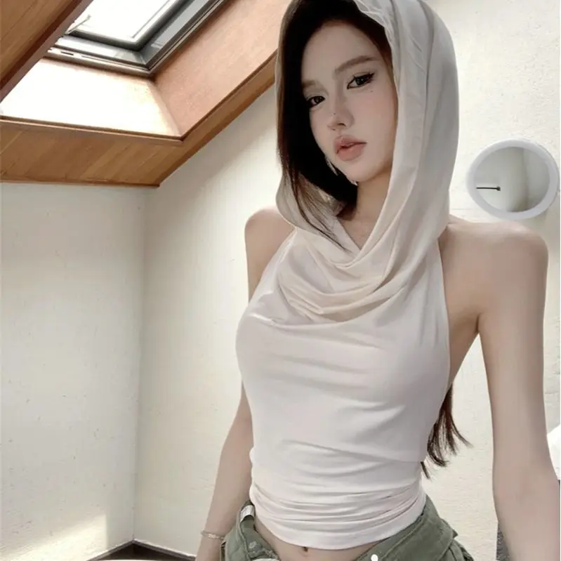 

American hot girl design ins wasteland style hooded lace-up sexy beautiful back temperament top sleeveless slim vest unique top
