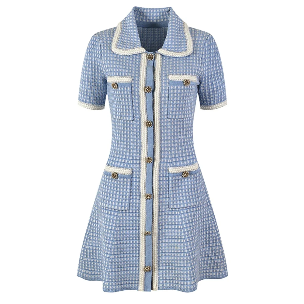 

EVACANDIS Knitted Women Short Sleeve Single Breasted Mini Dress Turn-Down Collar Lady New Arrive Dress