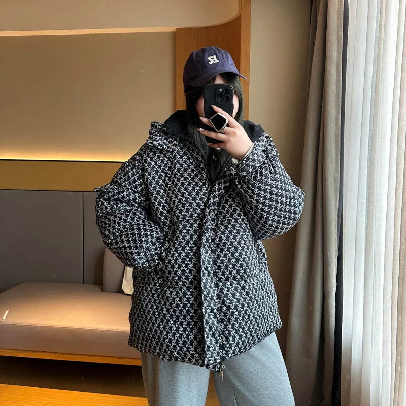 XXXXXL Fashion Plus Size Women's Parkas Winter Houndstooth Hooded Padded Jacket Loose Casual And Warm Coat 8388