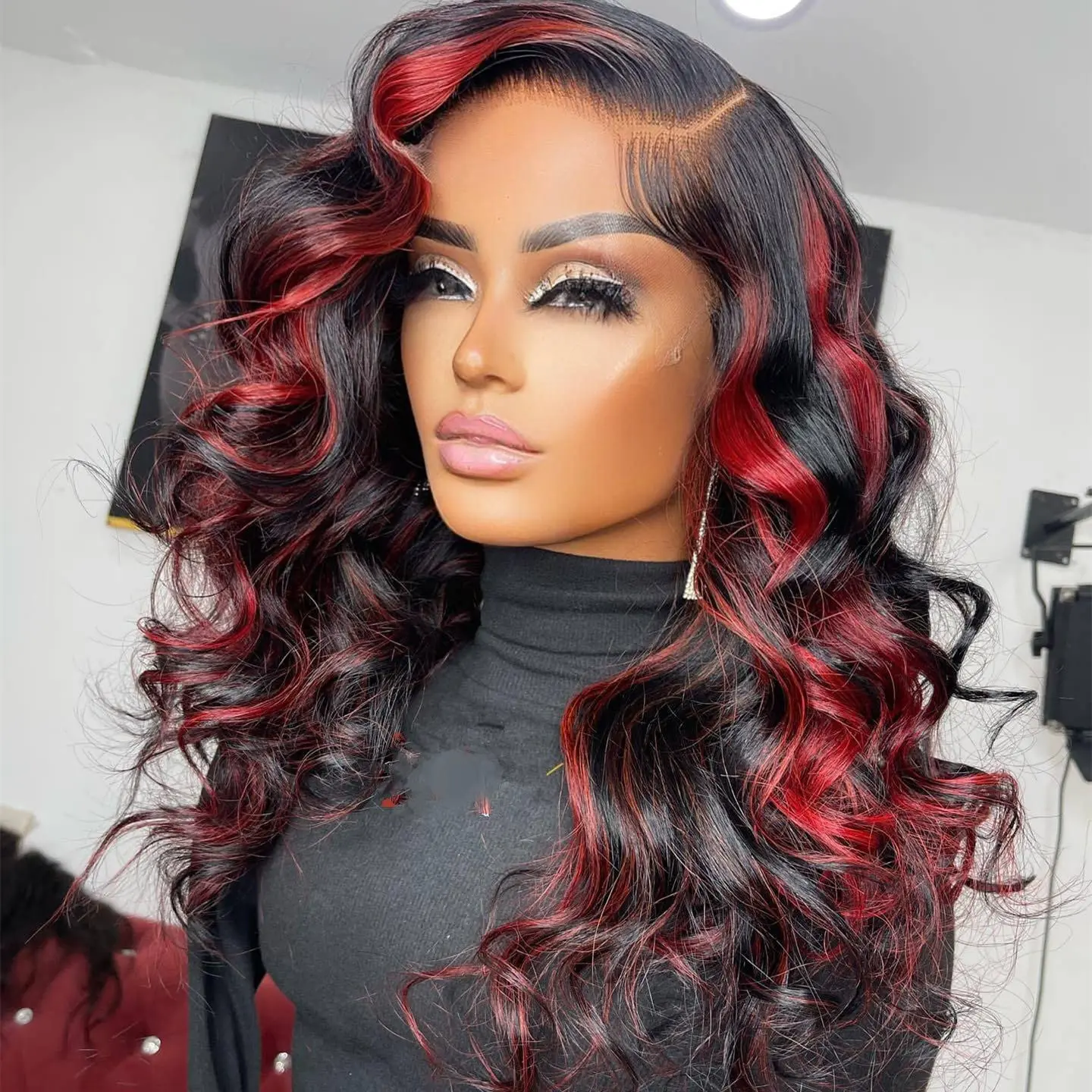 Red Highlight Wig Body Wave Lace Front Wigs Synthetic Ombre Red With Black Colored Glueless High Temperature With Baby Hair