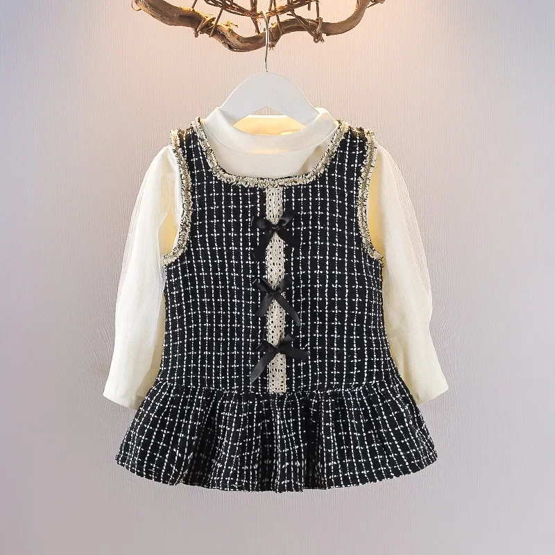 

2023 Autumn Girls Fashion Two Pieces Suit Baby Kids Children Clothing Set Long Sleeve T-shirt+ Dress