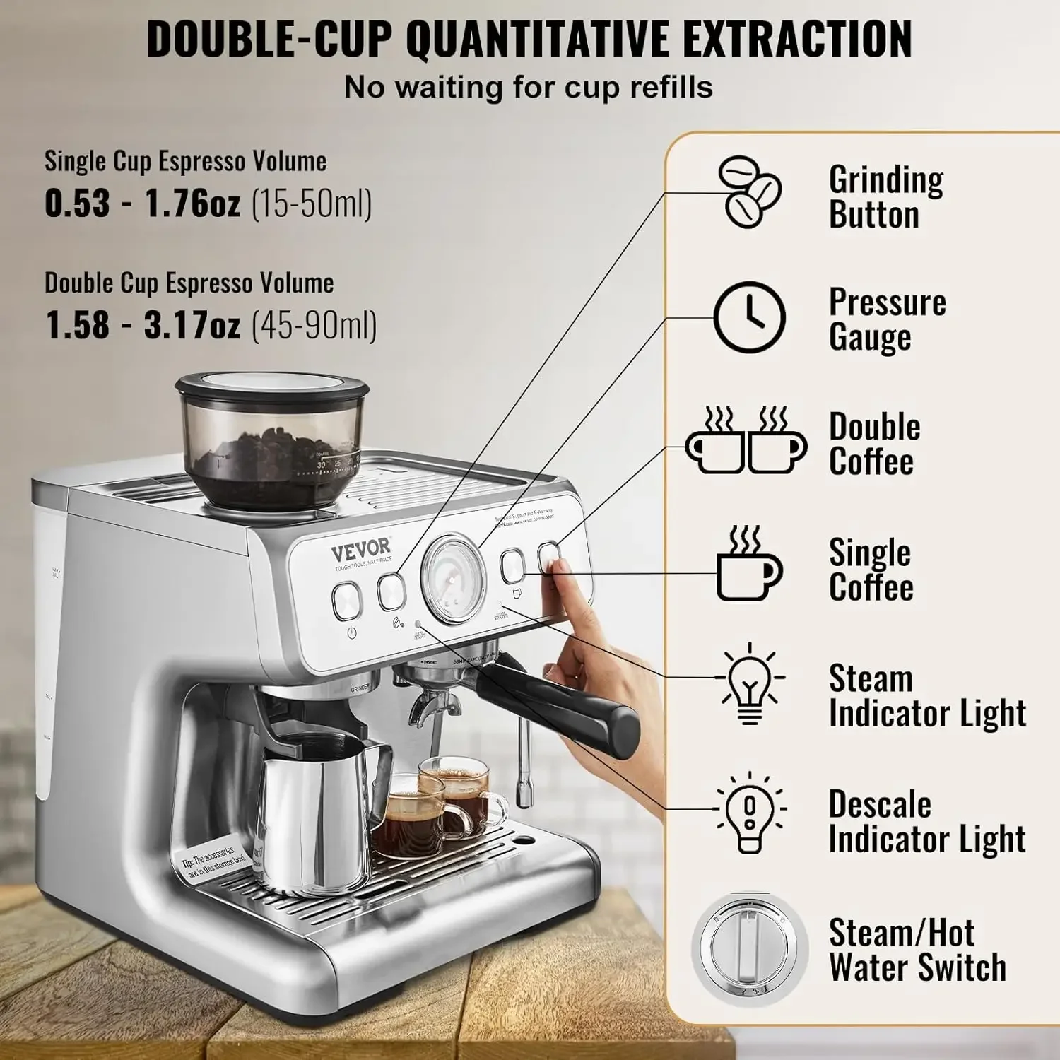 Espresso Machine with Grinder, 15 Bar Semi-Automatic Espresso Coffee Maker with Milk Frother Steam Wand, Removable Water T 5