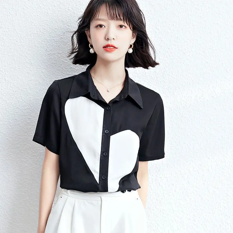 2024 Elegant Fashion Harajuku Slim Fit Women's Clothing Loose Casual All Match Tops Women Patchwork Button Short Sleeve Blusa