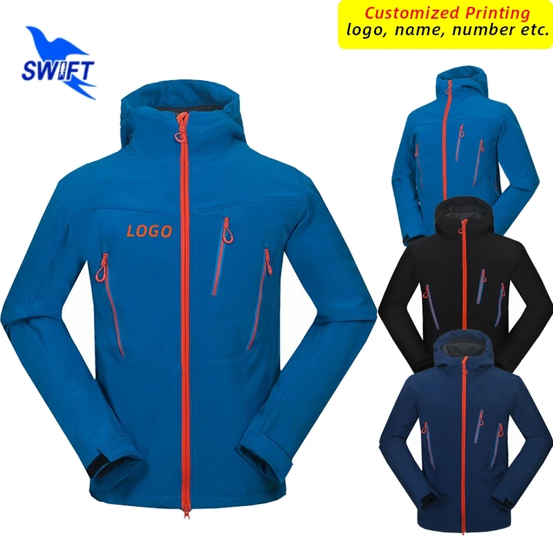 Customize LOGO Outdoor Skiing Fishing Hiking Clothing Warm Fleece Softshell Jacket Men Waterproof Windproof Hooded Hunting Coat