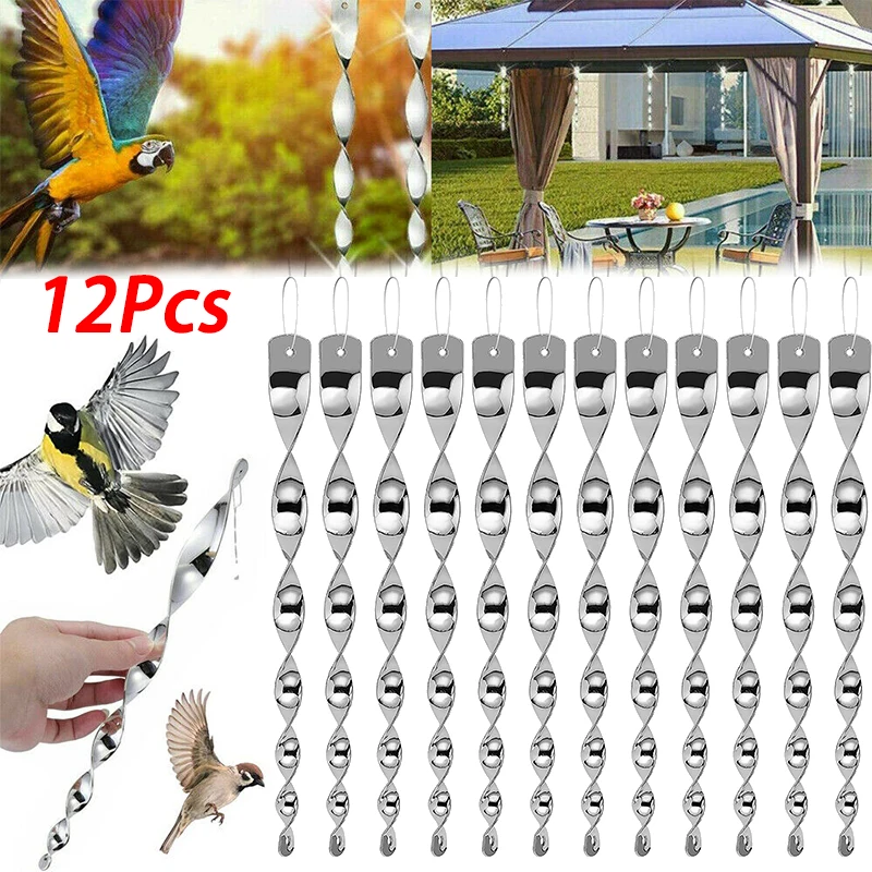 12Pcs Bird Repellent Reflective Rods 30cm Scare Birds Repeller Wind Spiral Rotating Rod Hanging Ornaments Home Garden Decor