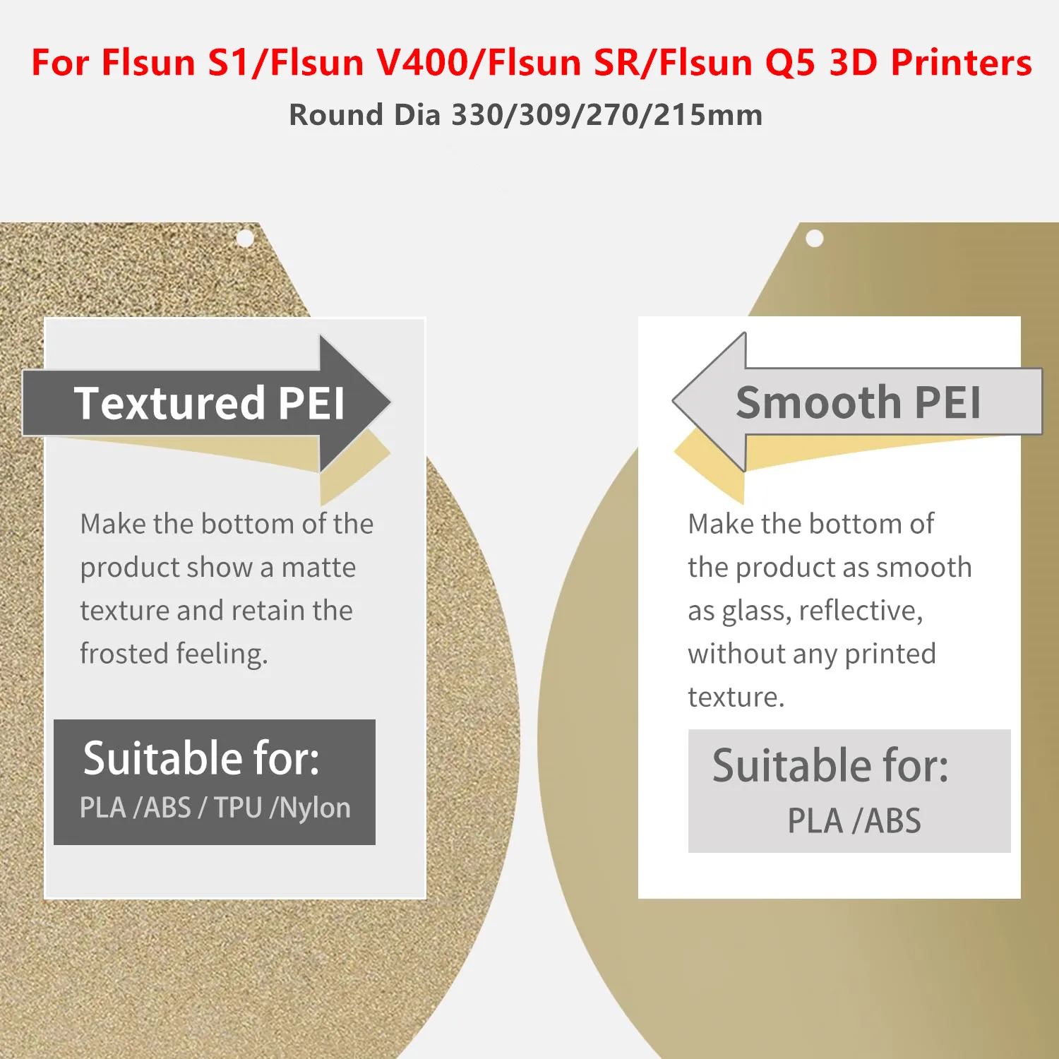 Doppelseitig strukturiertes/glattes PEI-Federstahlblech, rund, Durchmesser 330/309/270/215 mm, Bauplatte für Flsun S1/V400/SR/Q5 3D-Drucker