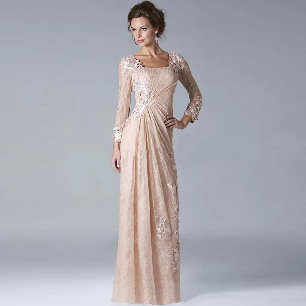 

2022 Modern Mother of the Bride Dresses Square Neck Full Sleeve Lace Appliques Evening Party Dress for Mother of Groom