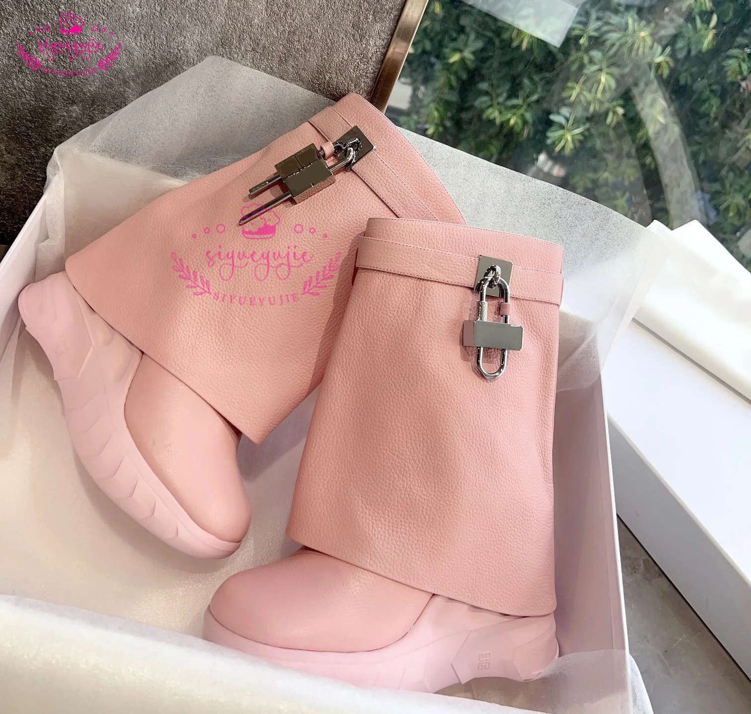 Lock Decor Denim Shark Boots Fashion Thick Bottom Zip Knee High Boots Wedges High Heels Long Boots Women Shoes Plus Size 44