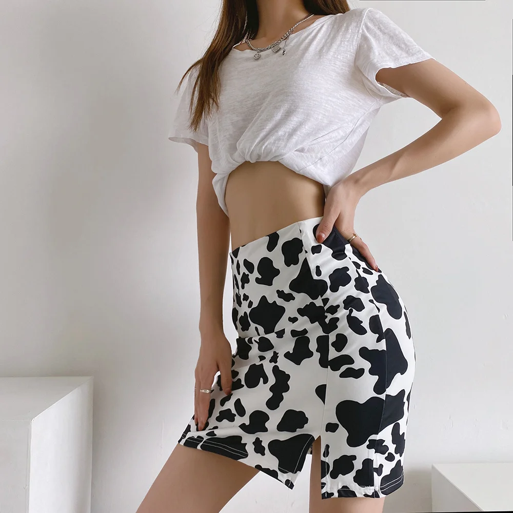 Summer new European and American fashion street style cow print high waist slit skirt women's sexy slim A-line skirt women cute skirts