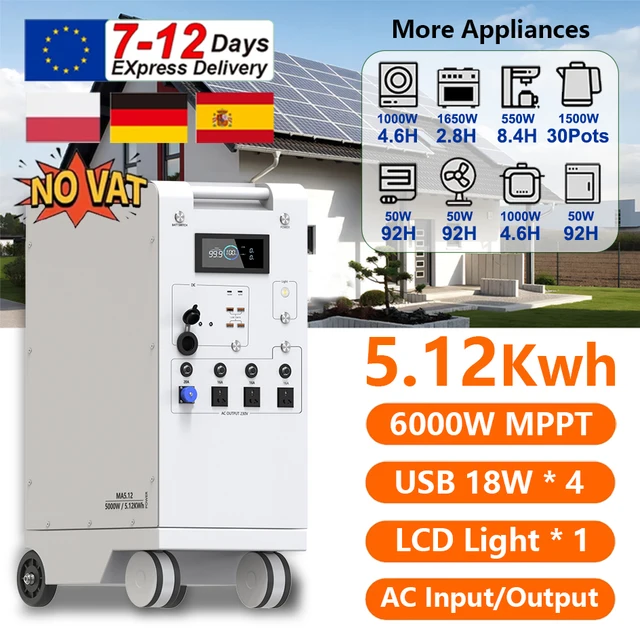 Nouvelle centrale électrique Portable 5000W, tout en un, batterie 48V 5Kwh, 6000W MPPT avec éclairage USB * 4 Type C * 2, entrée/sortie AC ue PV Inupt 1