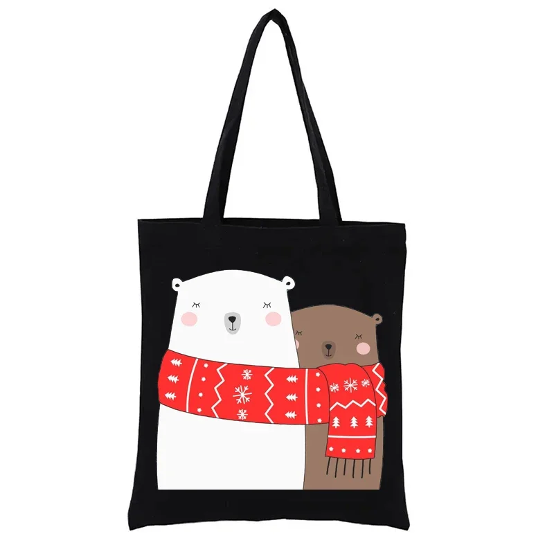 

Canvas Shopping Bag Two Bears Spending Christmas Together Eco Bag Bags Women's Handbags for Women Fashion Casual Totes Funny