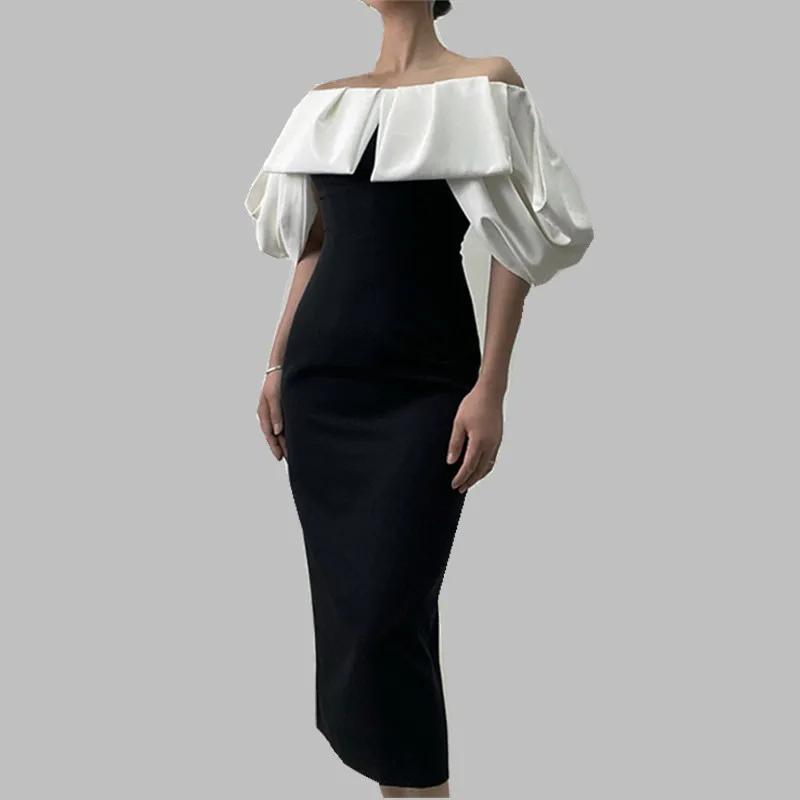 

Женское вечернее платье-футляр с оборками, модельное дизайнерское облегающее длинное платье-карандаш черного и белого цветов с открытыми плечами, лето 2019