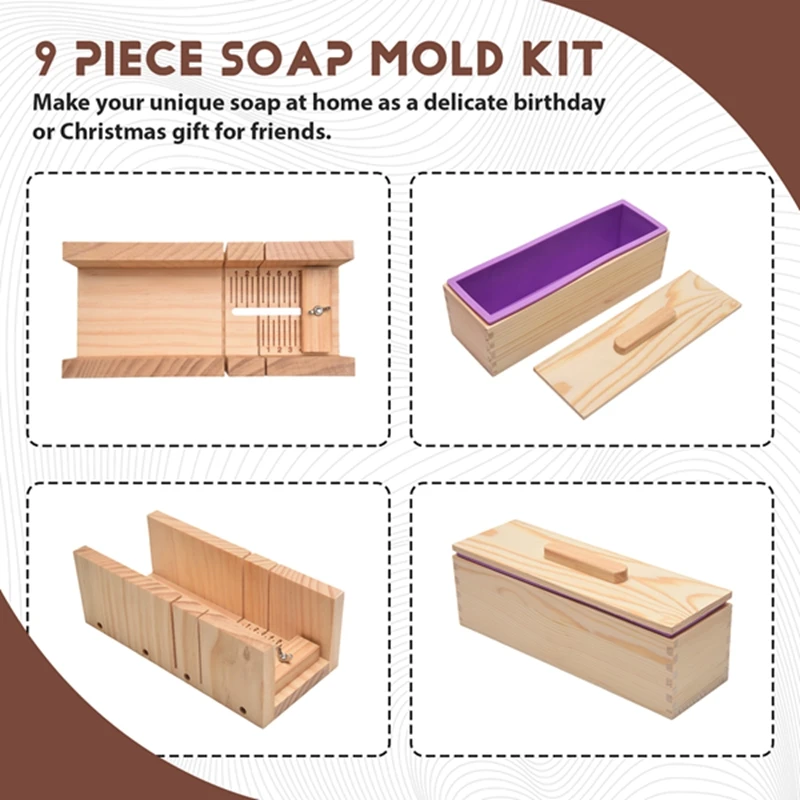 New 9PCS Silicone Soap Molds Kit,Rectangular Wooden Silicone Soap Mold Cutter Slicerhandmade DIY For Cake Making