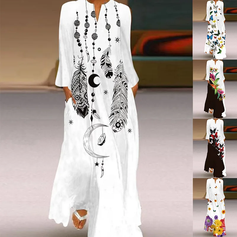 

Women Summer Loose Boho Vintage Ruffles Befree Srpign Elegant Party Dress Full Sleeve Spring Party Maxi Dresses