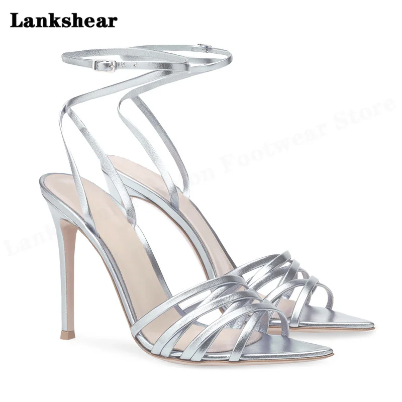 

Summer Sandals Women Fashion Silver Pu Pointed Toe Stiletto Sandals Party Dress Shoes Ladies High Heel Shoes Big Size 34-46