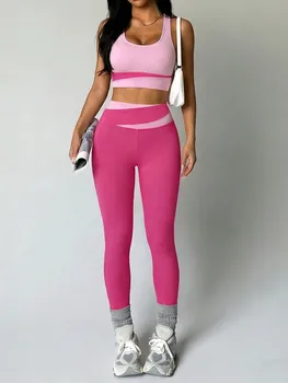 Ensemble de vêtements de sport bicolores, débardeur pour femme, pantalon long à taille haute, ensemble de yoga deux pièces, confortable et élégant