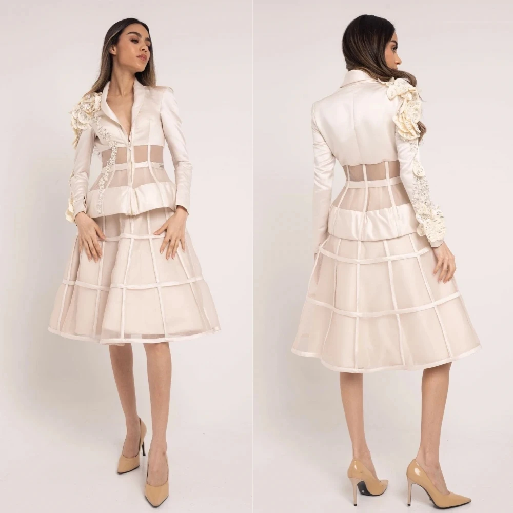 Flower Sequined Beading Ruched Prom Gowns A-line V-neck Knee Length Dresses