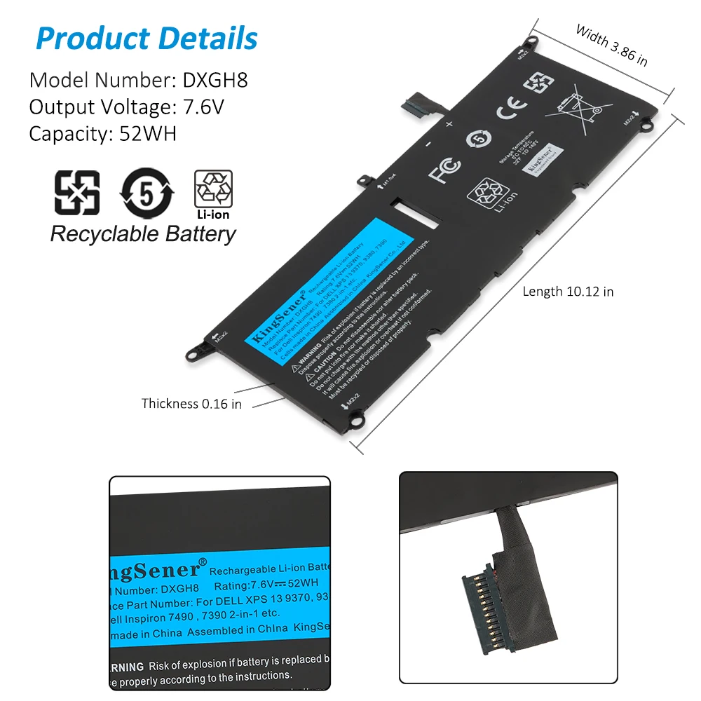 Bateria do Portátil 6842mah Dxgh8 Dell Xps 13 9380 9370 7390 Dell Inspiron 7390 G8vcf 0h754v P82g 52wh Kingsener2-in1 - Imagem 5