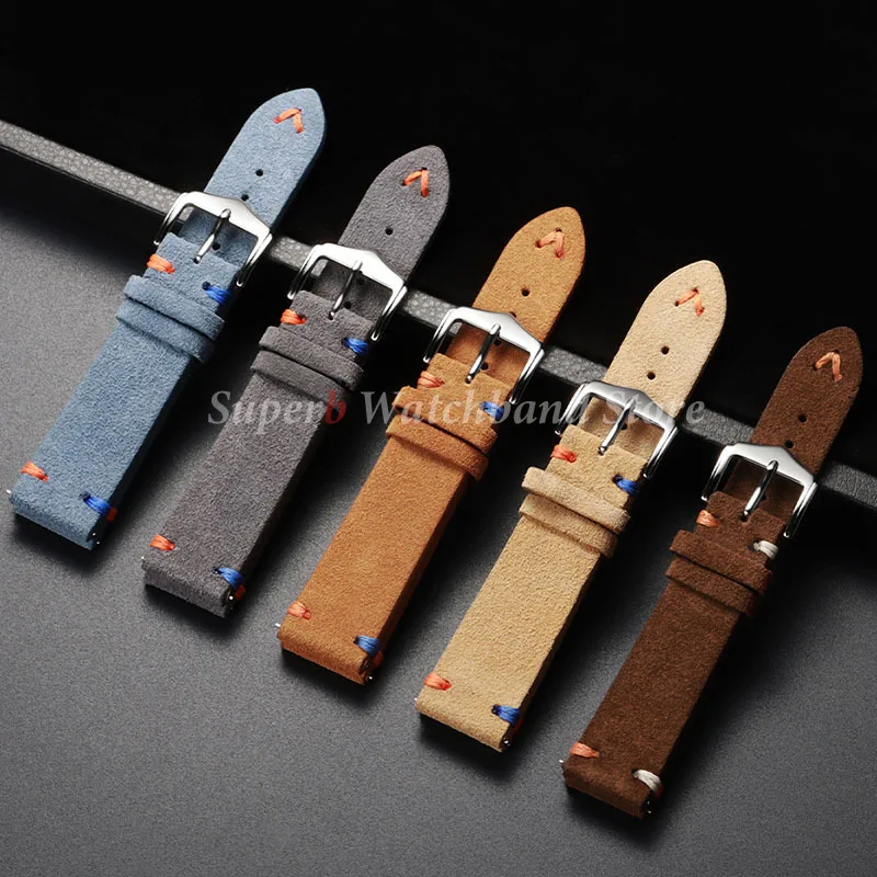 Vintage Suede Leather Watch Strap with Handmade Stitching – Soft and Universal Replacement Wristband