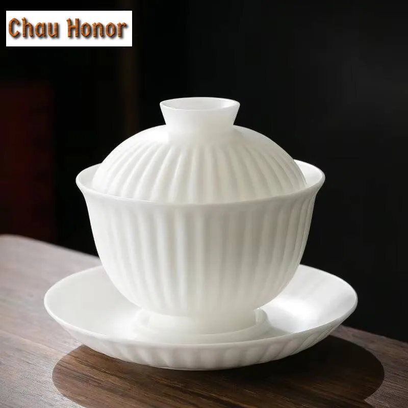160ml High End White Jade Porcelain Gaiwan Elegant Ice Seed Thin Body Tea Tureen Tea Brewing Cover Bowl Chinese Tea Set Craft