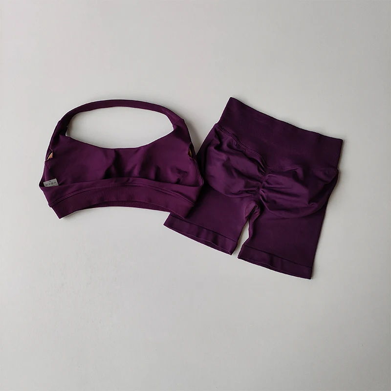 Sexy Halter Neck Beautiful Back High Waist Peach Sports Bras Shorts Suit...