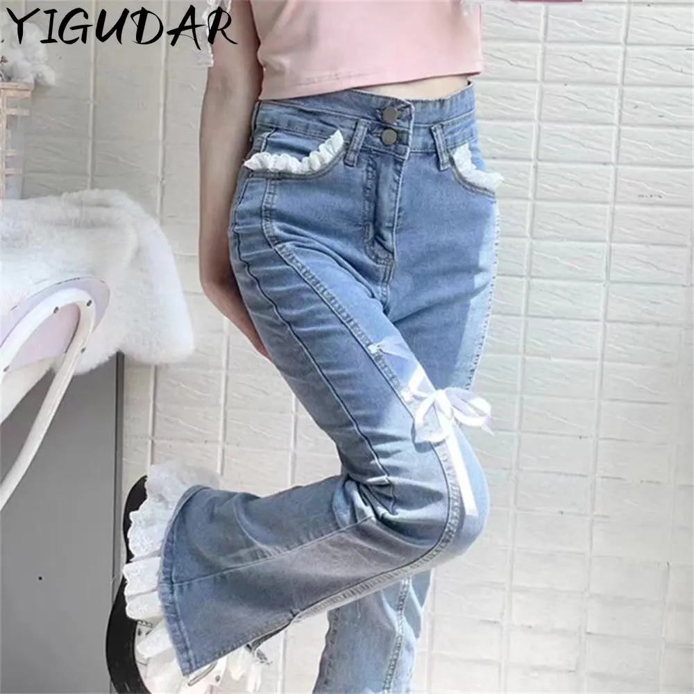 Vintage Long Flare Jeans Pants Women 2023 Summer Mesh Stitched Flower Embroidery Lace Beaded Chain High Waist Women's Long Jeans note pad mesh box long lasting lightweight large capacity home supplies note pad container note pad organizer