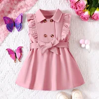 Wholesale Kids Girls Retro Solid Color Trench Belted Dress Double Breasted Elegant Summer Baby Dress 4
