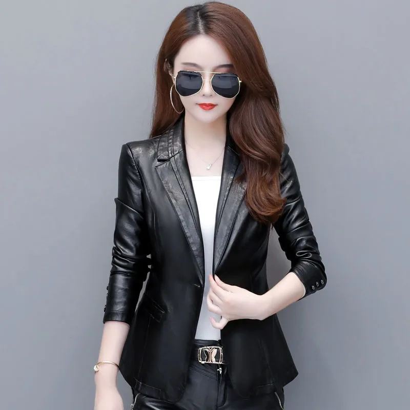 2023 Autumn Winter New Casual Leather Women Slim Large Size Leather Suit Collar Jacket Leather Short Loose Pure Color Coat
