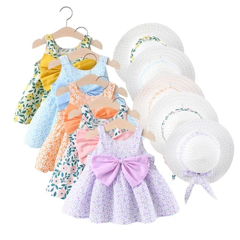 2pcs/set Cotton Toddler Dresses+Sunhat Newborn Clothing Set Summer Baby Girls Beach Princess Dress Cute Bow Flowers Sleeveless