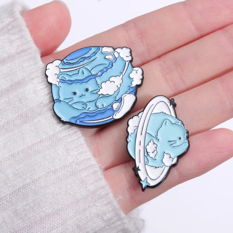 6-Piece Cat Planet Brooch Set - Cute Kitty & Space Themed Lapel Pins For Hats, Shawls, Gifts