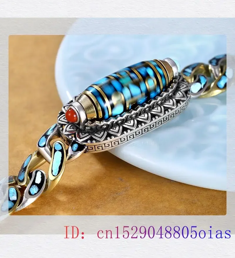 Yazilind Bracciale Donna In Argento Tibetano E Turchese - 2 Strati Intrecciati, Regolabile - Gioiello Etnico - 5