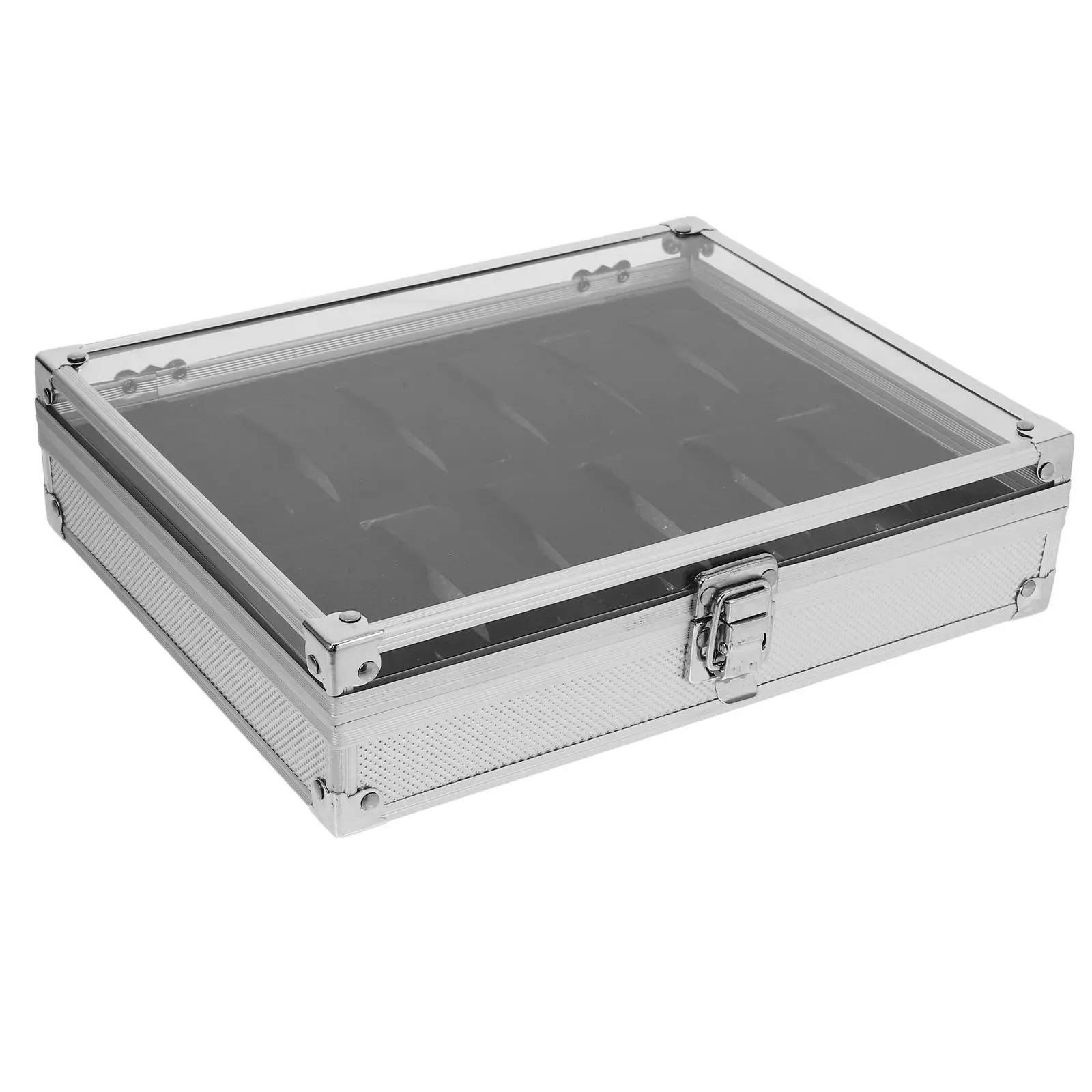 Aluminum Alloy Watch Box Lightweight Durable Transparent Top 12 Grid Slots Foam Lined Dustproof Storage Display Case Watches