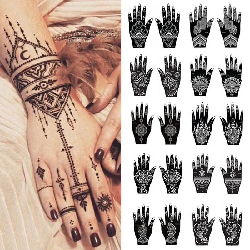 Henna Stencil Temporary Hand Tattoo Body Art Sticker Airbrush Tattoo Templates 1 Pair for Wedding