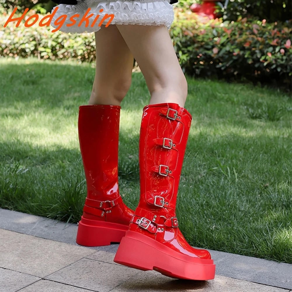 Candy Colors Women's Boots Patent Leather Round Toe Metal Buckle Strap Comfy Flat Thick Sole Shoes Street Style Knee High Boots