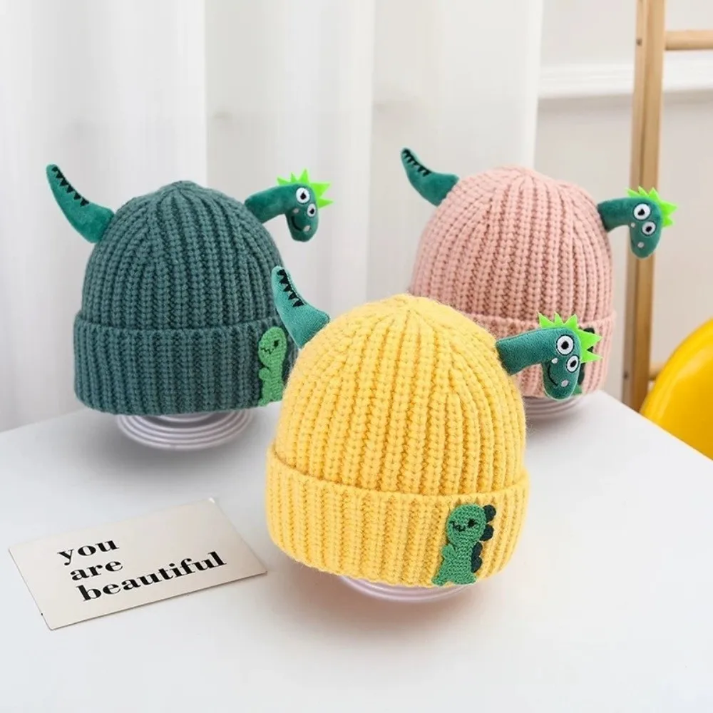 New Cute Dinosaur Knitted Hat Warm Windproof Warm Hat Thicken Solid Color Pullover Cap Boys Girls