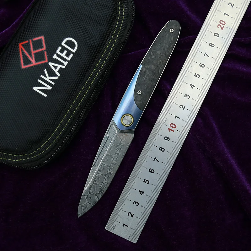 

NKAIED Front Flipper ST245 RWL34 Damascus Marble Carbon Fiber Handle Ceramic Ball Bearing Folding Camp Pocket EDC Tool Knife