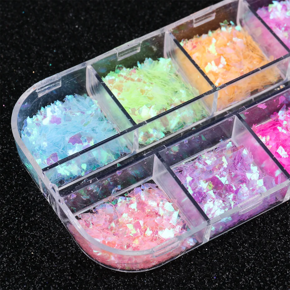 12 or 6 Grids 3D Flakes Fluorescent Nail Sequins Sparkly Paillette Nail Chunky Glitter Decorations Chameleon Accessory LASP nail glitter,nail decoration,nail decorations,nail flakes