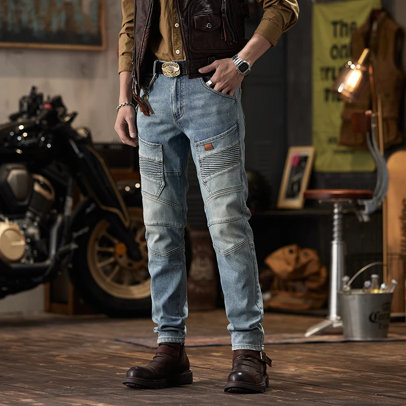 2024 New Retro Nostalgic Stitching Motorcycle Jeans Men\'s Slim Fit Skinny Elastic Trend Skinny Trousers